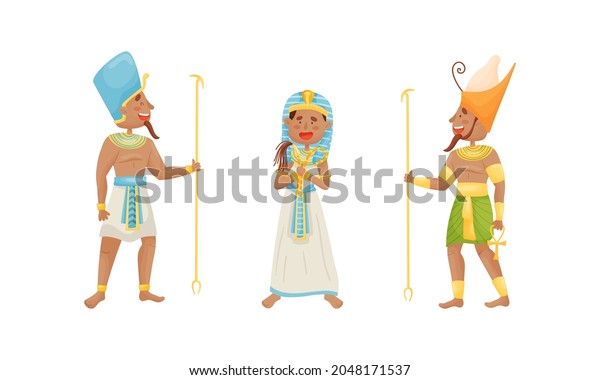Egyptian God and Deities Wearing Antique Clothing and\
Holding Rod Vector\
Set