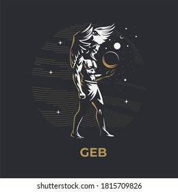 Egyptian god Geb. The man holds the planets in his hands. Behind him is a swan or a goose. Ankh. Vector illustration.