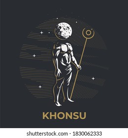 Egyptian god Khonsu. A man with a moon instead of a head and a staff. Ankh. Vector illustration.