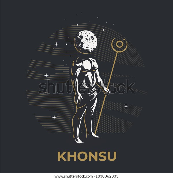 Egyptian god Khonsu. A man with a\
moon instead of a head and a staff. Ankh. Vector\
illustration.