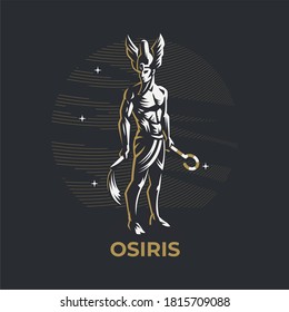 Egyptian god Osiris. A man with a Jed and a staff in his hand. Ankh. Vector illustration.