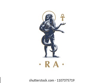 The Egyptian god Ra keeps the ankh. Vector emblem.