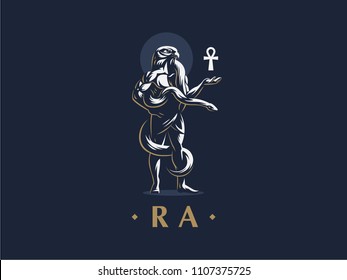 The Egyptian god Ra keeps the ankh. Vector emblem.