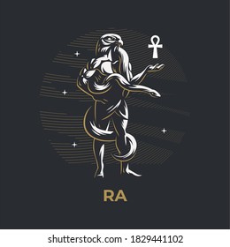 Egyptian God Ra. A man with a falcon head. A python snake wriggles around. In the hands of the ankh cross. Vector illustration.