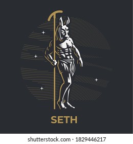 Egyptian god Seth. A man with a horse or donkey head. He holds a staff in his hands.