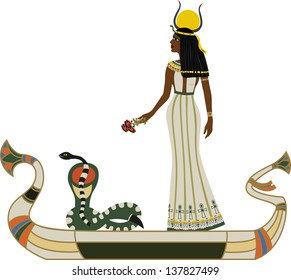 Egyptian God with snake on boat