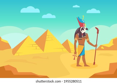 Egyptian god with walking stick surrounded by ancient pyramids. Cartoon vector illustration. Egyptian deity Horus going through desert, holding ankh. Ancient Egypt, history, art, culture concept