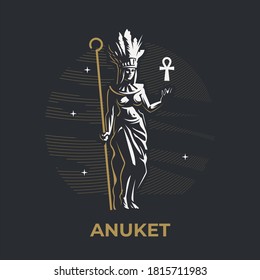 Egyptian goddess Anuket. The woman is holding a staff. On the head are ostrich feathers. Ankh. Vector illustration.