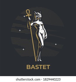 Egyptian goddess Bastet. Cat. Woman with cat head. In the hands of the ankh staff.