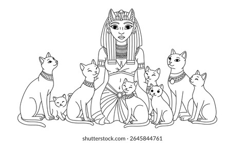 Deusa Egípcia Bastet com Gatos Colorindo Folha Deidade Feline Cercado por Gatinhos Mithology Linha Desenho
