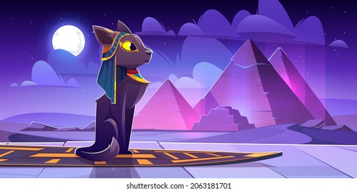 Egyptian goddess Bastet in desert with ancient pyramids at night. Vector cartoon illustration of sacred black cat and landscape with pharaoh tombs in Egypt, moon and stars in sky