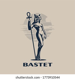 Diosa egipcia Bastet. Una mujer con una hembra de gato en una dirección egipcia tradicional y con un personal en la mano. Ilustración vectorial.