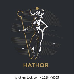 Egyptian goddess Hathor. A woman with the head of a cow or buffalo with horns, a staff in her hands.