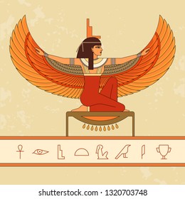 The Egyptian goddess Isis and set of Egypt hieroglyphs. Animation portrait of the beautiful Egyptian woman. Vector illustration isolated on background. Print, poster, t-shirt, tattoo.