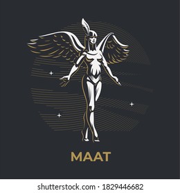 Egyptian goddess Maat. Angel woman with wings. Feather in hair.