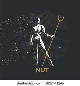 Egyptian goddess Nut. Woman with hair in the form of a starry sky. In the hands of a staff. Night.
