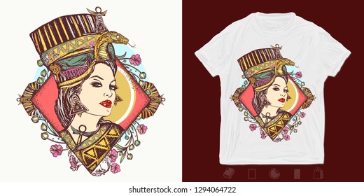 Egyptian goddess. Print for t-shirts and another, trendy apparel design. Ancient Egypt queen Nefertiti. Princess Cleopatra 