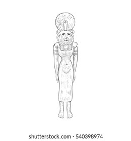 Egyptian goddess Sekhmet black-white contour museum exhibit. Excavations in Egypt. Vector illustration, isolated on a white background. Ancient religious symbols icon.