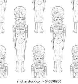 Egyptian goddess Sekhmet museum exhibit - seamless pattern on a white background. Excavations in Egypt. Black-and-white outline vector illustration. Ancient religious symbols icon.