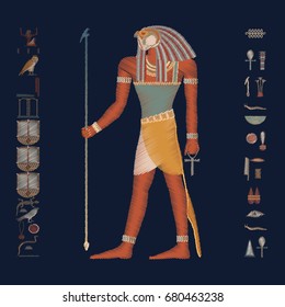 Egyptian gods in embroidery - Horus. Embroidery hand drawn. Fashion ornament on black background. Vector illustration.