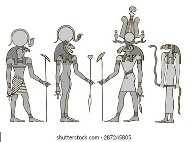 Egyptian Gods And Goddess: Ra, Bastet, Khensu And Priestes Of God Amon