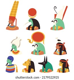 Egyptian gods and goddesses portraits collection. Male and female deities of Ancient Egypt, flat cartoon vector illustration isolated on white background.
