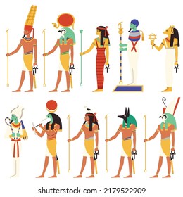 Egyptian gods and goddesses set, flat vector illustration isolated on white background. Collection of ancient Egypt mythology creatures. Horus, Anubis, Osiris, Amun Ra and Geb figures or statues.