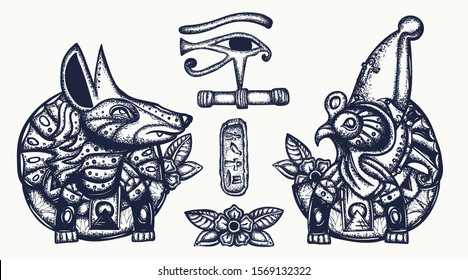 Egyptian gods. Horus and Anubis. Ancient Egypt. Tattoo collection. Symbol of light and darkness, life and death. Old school tattooing style 