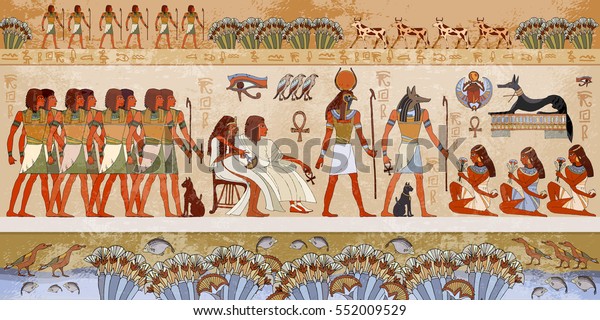 Egyptian gods and pharaohs. Ancient Egypt scene,\
mythology. Hieroglyphic carvings on the exterior walls of an\
ancient temple. Murals ancient Egypt.\

