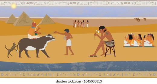 Egyptian gods and pharaohs background. The style of ancient Egypt. Your banner, pointer, sign. Hieroglyphic carvings, frescoes, mythological scenes.