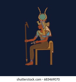 Egyptian gods and pharaohs in embroidery - Cleopatra. Embroidered hieroglyphic carvings, frescoes, mythological scenes. Egyptian gods and pharaohs background. Vector illustration.