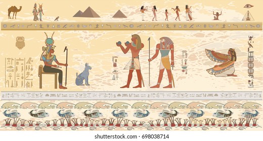 Egyptian gods and pharaohs in embroidery. Embroidered mythological scenes. Vector illustration