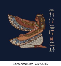 Egyptian gods and pharaohs in embroidery - Maat. Embroidered hieroglyphic carvings, frescoes, mythological scenes. Egyptian gods and pharaohs background. Vector illustration