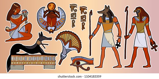 Egyptian gods and pharaohs patch, ancient egypt stickers art. Fashion patch. Pharaoh, gods of Egypt, Anubis, Ra. Stickers, patches in cartoon 80s-90s comic style 