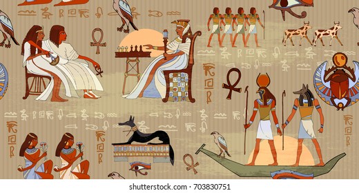 Egyptian gods and pharaohs seamless pattern. Hieroglyphic carvings on the exterior walls of an ancient egyptian pattern  