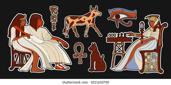 Egyptian gods and pharaohs stickers, patches in cartoon 80s-90s comic style. Fashion patch Ancient egypt. Pharaoh, scarab, ankh, cat, chess