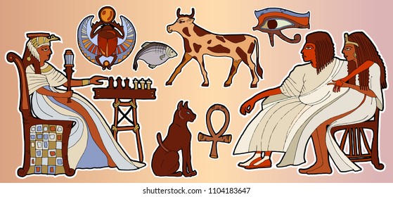 Egyptian gods and pharaohs stickers, patches in cartoon 80s-90s comic style. Fashion patch Ancient egypt. Pharaoh, scarab, ankh, cat, chess 