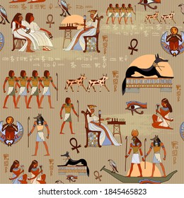 Egyptian gods and pharaohs, vintage seamless pattern. Ancient civilization. History and culture 