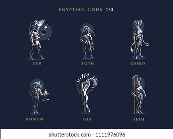 Egyptian Gods. Set 1/3 Of Vector Emblems.