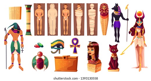 Egyptian gods Thoth and Hathor. Ancient attributes of culture and religion set. Egypt deities and obsequies ritual items. Scarabaeus, Pharaoh tomb with mummies, Cleopatra. Cartoon vector illustration