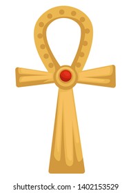 Egyptian gold coptic cross or Ankh with ruby stone isolated object