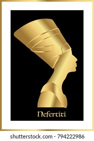 Egyptian gold silhouette icon. Nefertiti was an Egyptian queen and the Great Royal Wife. Golden Egyptian  Pharaoh, Vector portrait Profile isolated on black background.