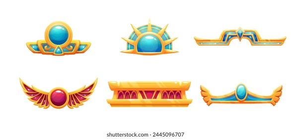 Egyptian golden decorations set isolated on white background. Vector cartoon illustration of ancient pharaoh treasure, precious frames decorated with blue and red gemstones, game ui design elements