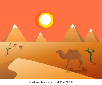 Egyptian great pyramids in the desert on a background of the sun. 
Vector illustration.