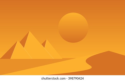 Egyptian great pyramids and sand dune in the desert on a background of the sun. Vector illustration.