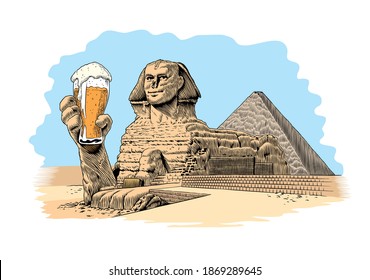 Egyptian great sphinx drinking beer. Comic style vector illustration.Poster, greeting card or t-shirt print design.
