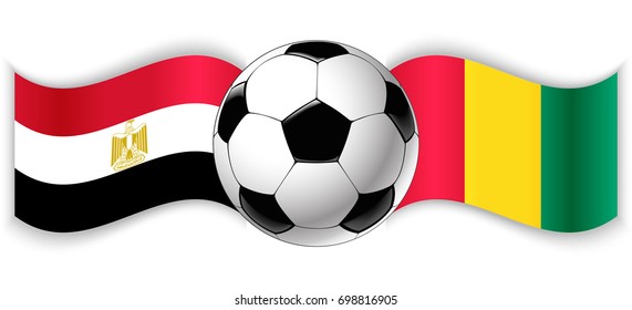 Egyptian and Guinean wavy flags with football ball. Egypt combined with Guinea isolated on white. Football match or international sport competition concept.