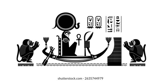 Egyptian herioglyphs with the story of the gods of the Habu Temple, the journey of Horus in the boat in silhouette. Valley of the Nobles and the Village of Craftsmen