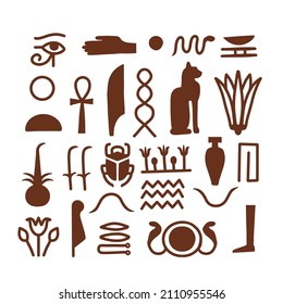 Egyptian hieroglyph signs set isolated on white. Ancient civilization symbols. Egypt civilization hand drawn silhouette icons. Simple vector illustration.