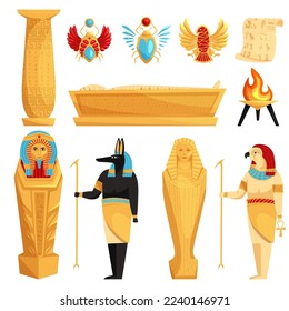 Egyptian hieroglyph and symbol. Ancient culture sing and symbol. Egypt culture set vector isolated icons of gods and sacred animals